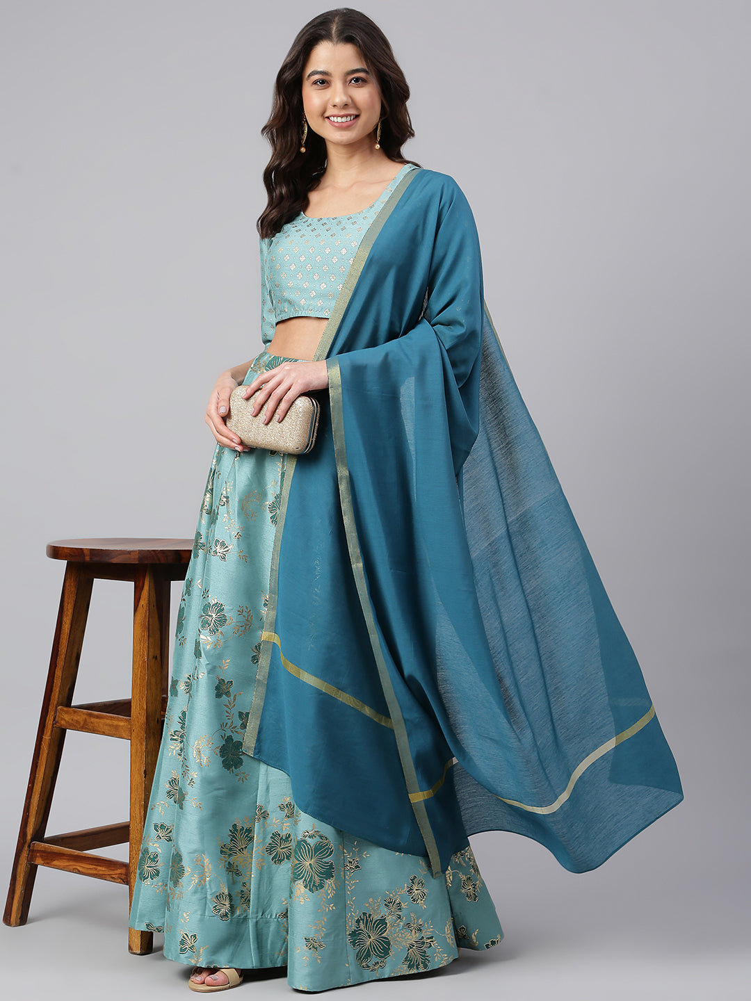 Janasya Women's Sea Green Poly Silk Gold Print Lehenga Choli With Dupatta | Swadesiicart