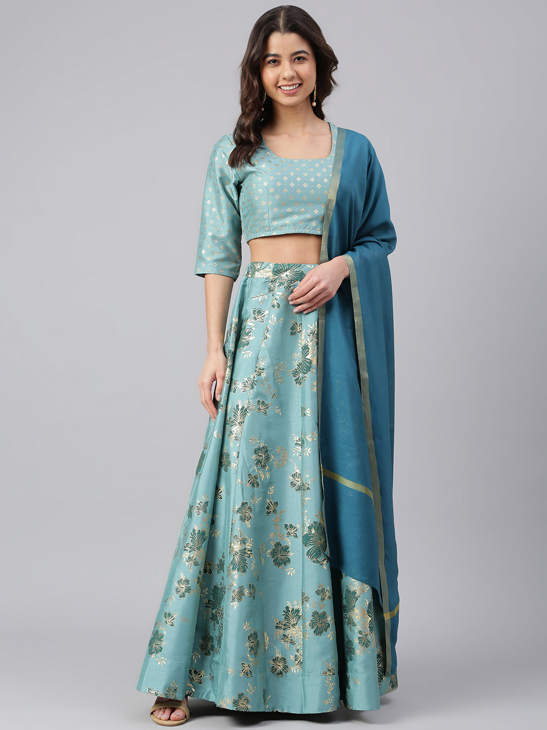 Janasya Women's Sea Green Poly Silk Gold Print Lehenga Choli With Dupatta | Swadesiicart