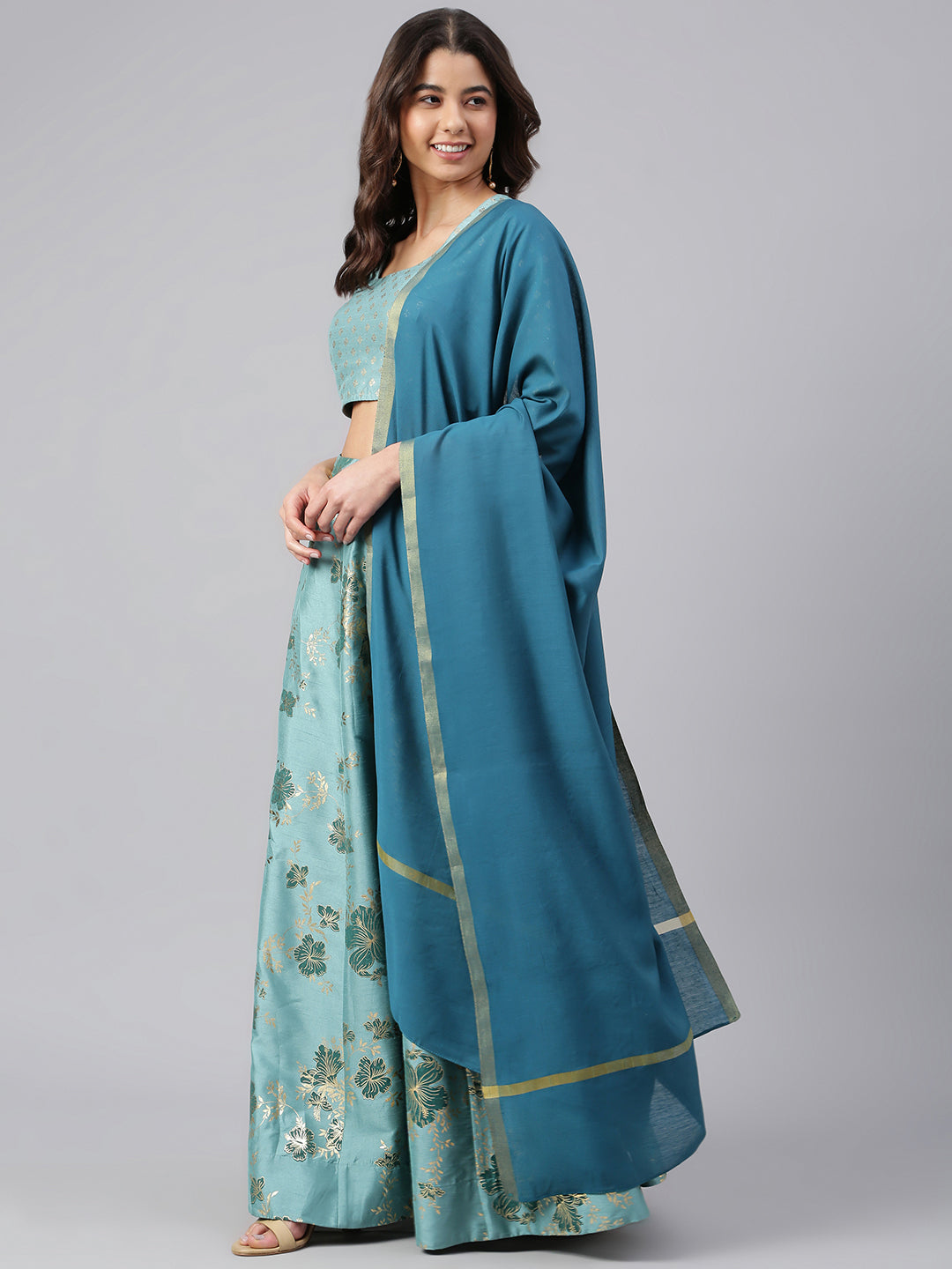 Janasya Women's Sea Green Poly Silk Gold Print Lehenga Choli With Dupatta | Swadesiicart