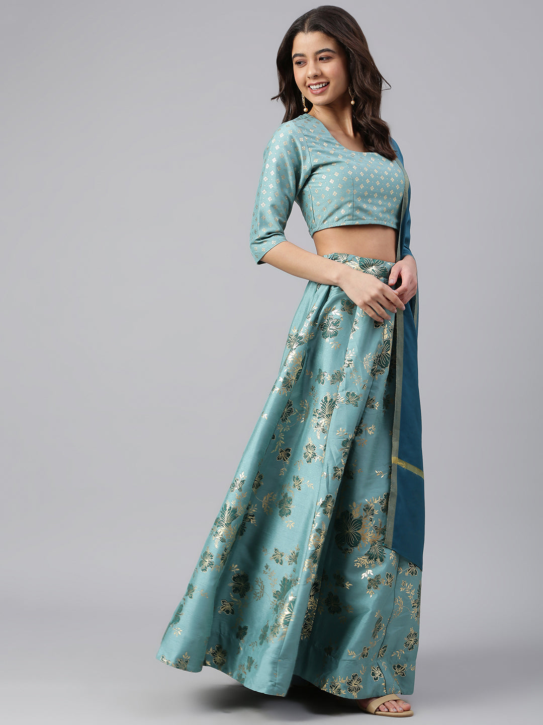 Janasya Women's Sea Green Poly Silk Gold Print Lehenga Choli With Dupatta | Swadesiicart