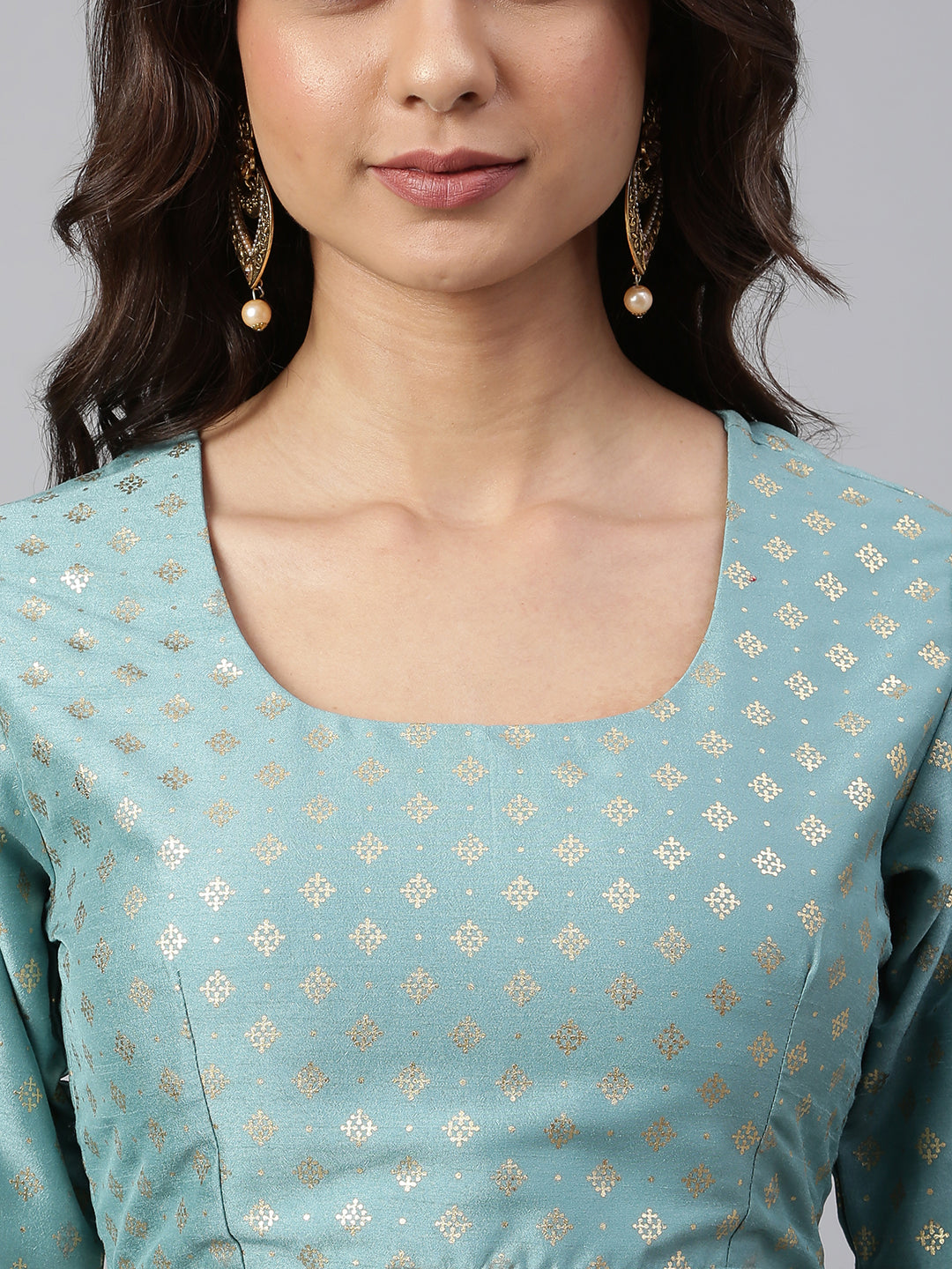 Janasya Women's Sea Green Poly Silk Gold Print Lehenga Choli With Dupatta | Swadesiicart