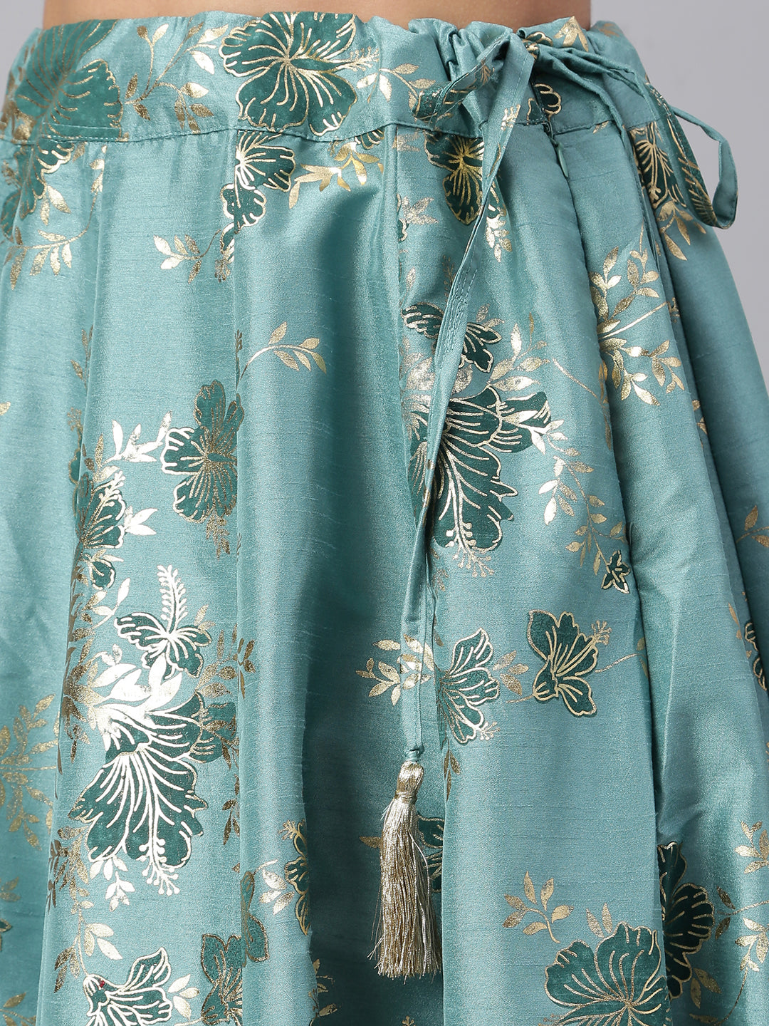 Janasya Women's Sea Green Poly Silk Gold Print Lehenga Choli With Dupatta | Swadesiicart
