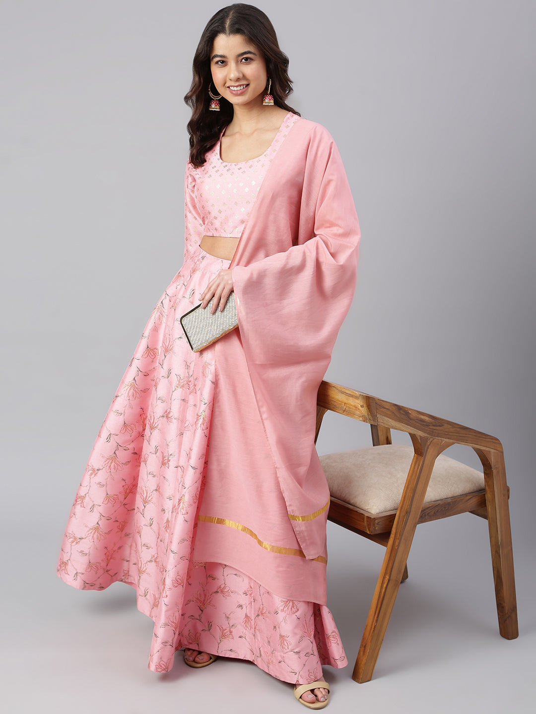 Janasya Women's Pink Poly Silk Gold Print Lehenga Choli With Dupatta | Swadesiicart