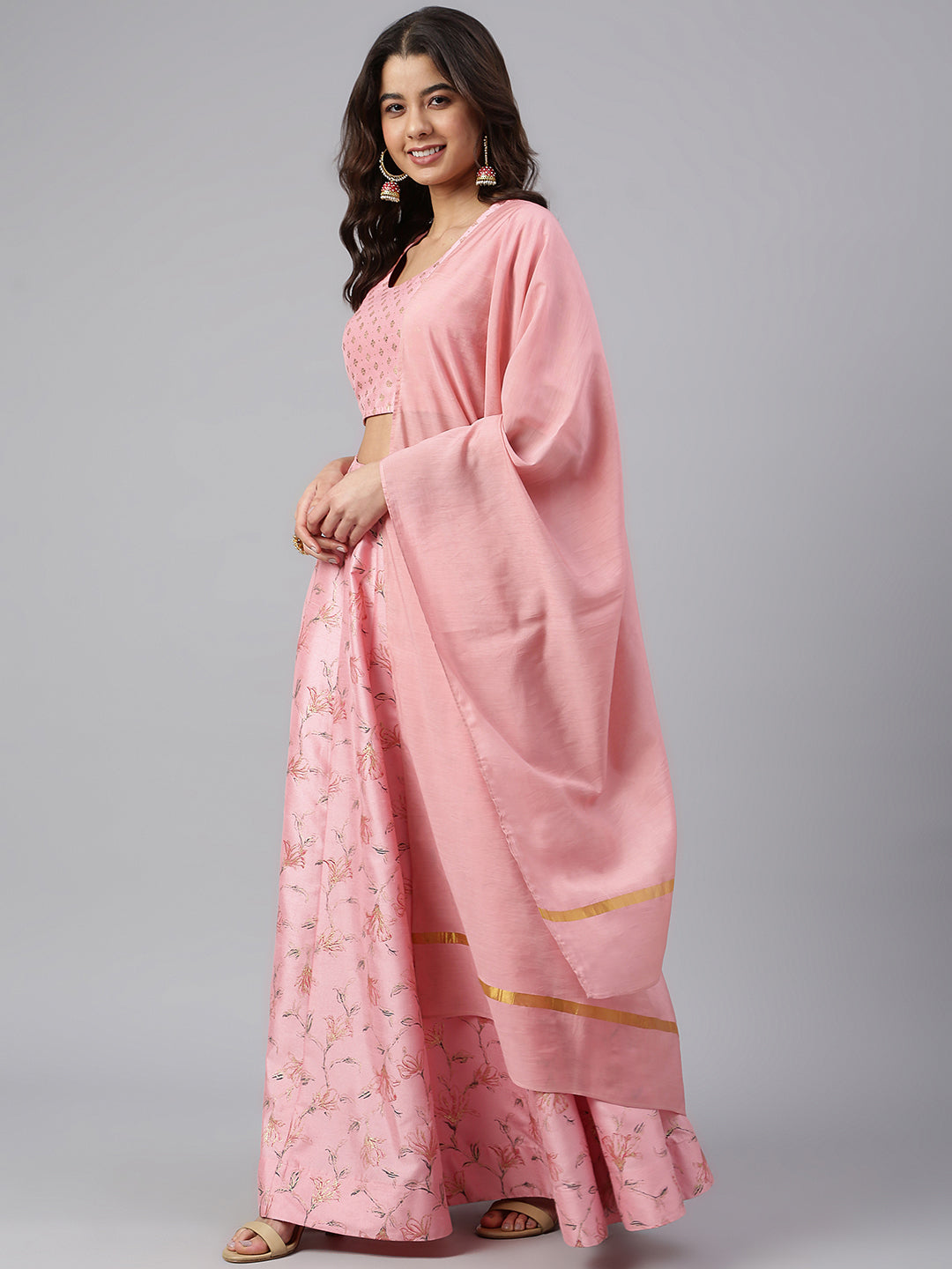 Janasya Women's Pink Poly Silk Gold Print Lehenga Choli With Dupatta | Swadesiicart