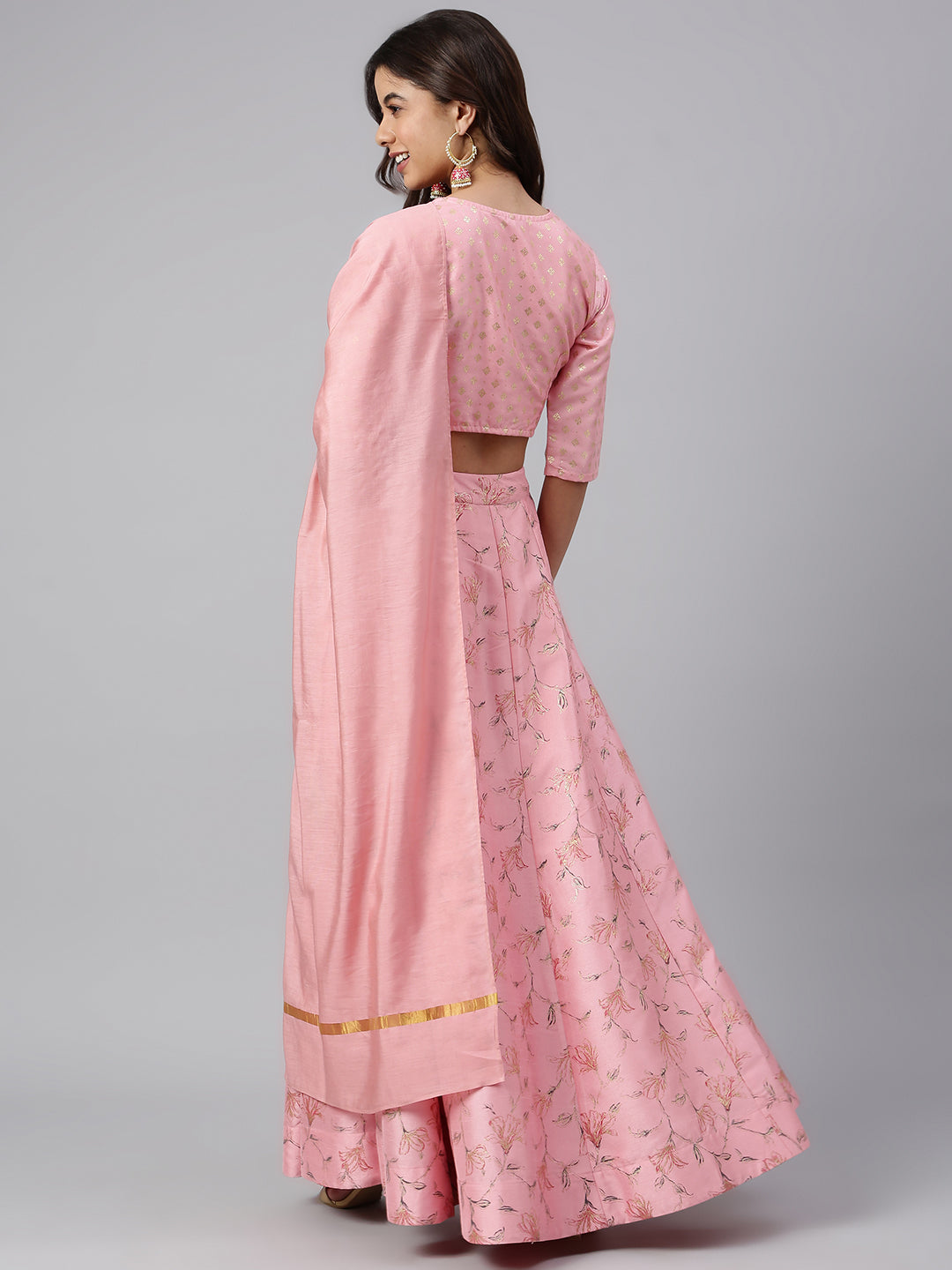 Janasya Women's Pink Poly Silk Gold Print Lehenga Choli With Dupatta | Swadesiicart