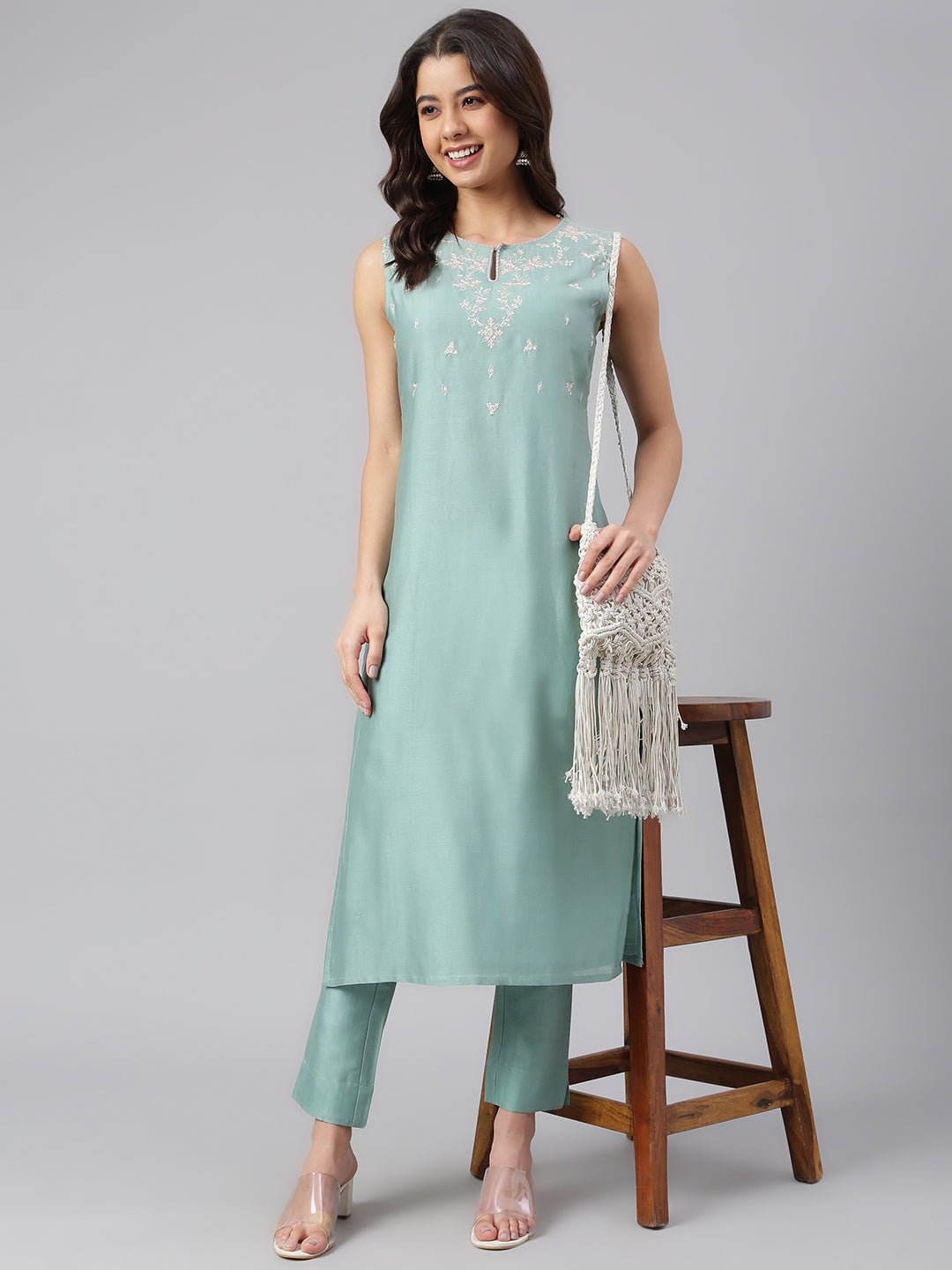 Janasya Women's Sea Green Chanderi Silk Solid Kurta With Pant | Swadesiicart