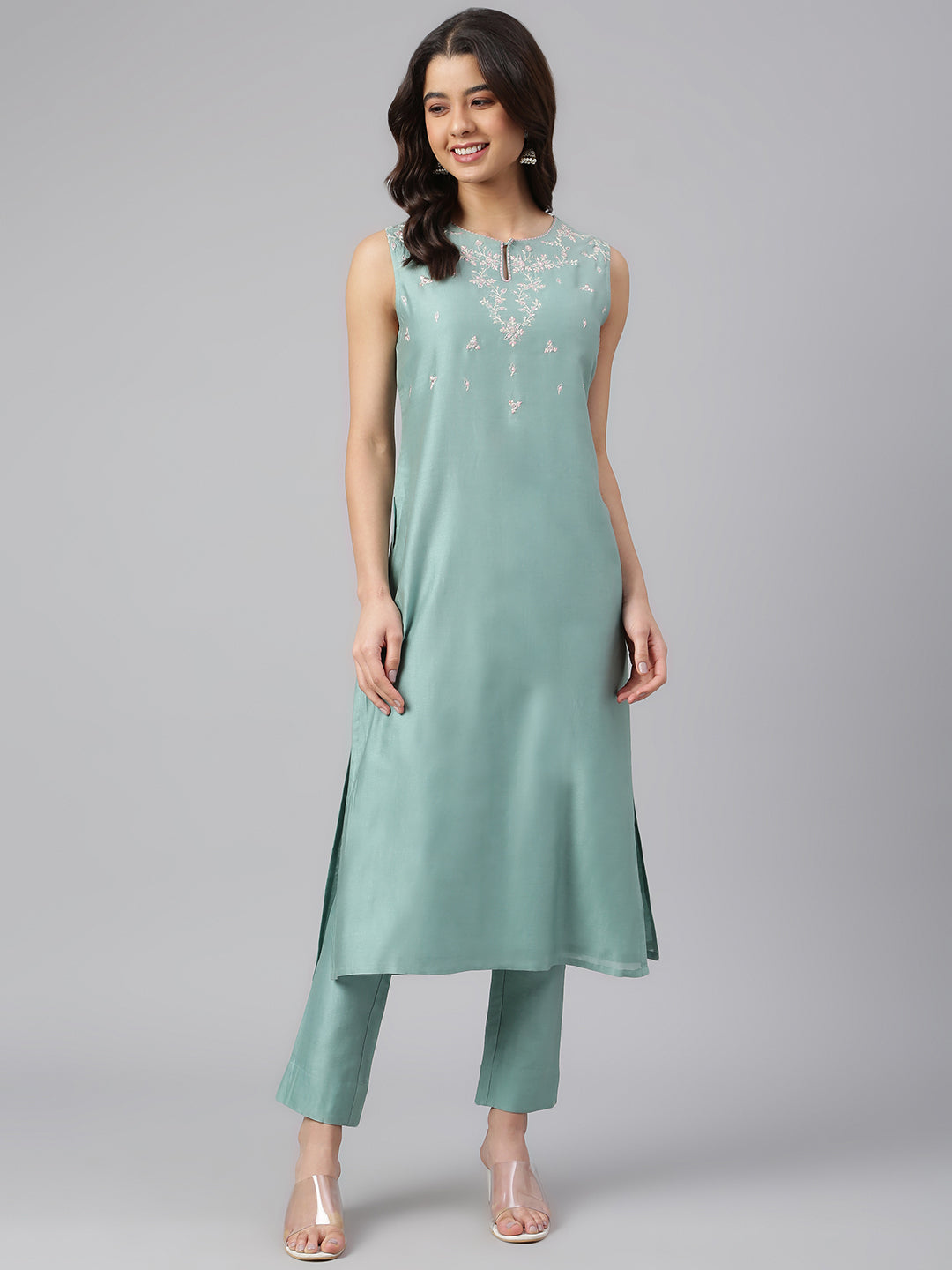 Janasya Women's Sea Green Chanderi Silk Solid Kurta With Pant | Swadesiicart