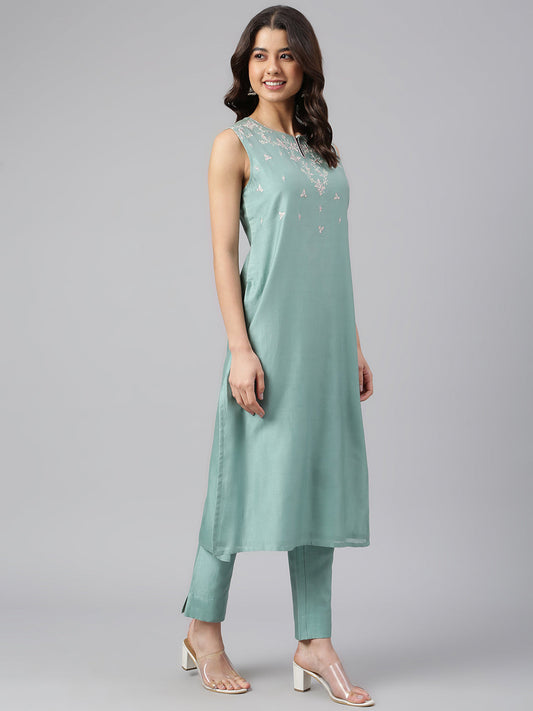 Janasya Women's Sea Green Chanderi Silk Solid Kurta With Pant | Swadesiicart