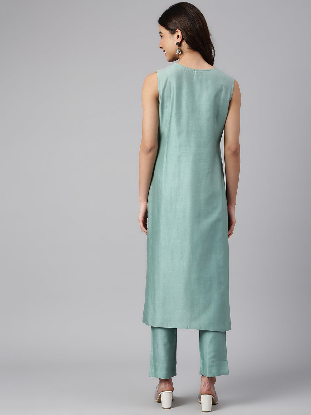 Janasya Women's Sea Green Chanderi Silk Solid Kurta With Pant | Swadesiicart