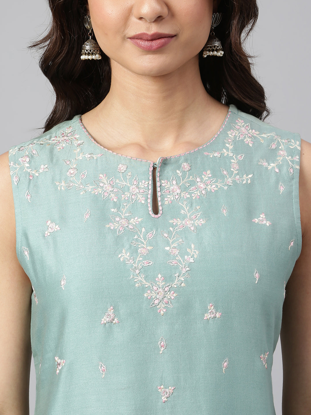 Janasya Women's Sea Green Chanderi Silk Solid Kurta With Pant | Swadesiicart