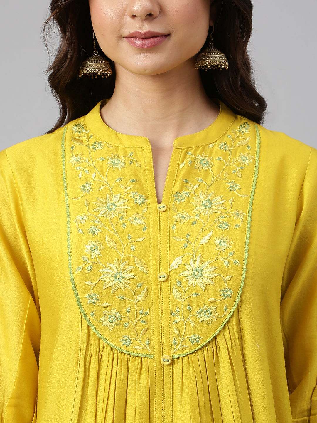 Janasya Women's Yellow Crepe Silk Solid Kurta With Pant | Swadesiicart