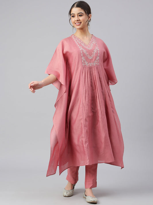 Janasya Women's Rose Red Polyester Solid Kurta With Pant | Swadesiicart