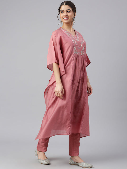 Janasya Women's Rose Red Polyester Solid Kurta With Pant | Swadesiicart