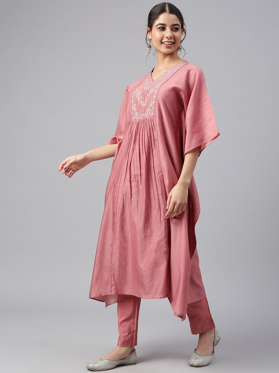 Janasya Women's Rose Red Polyester Solid Kurta With Pant | Swadesiicart
