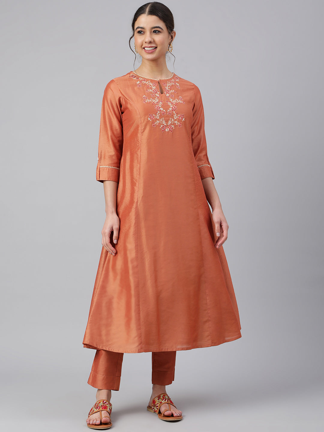 Janasya Women's Rust Orange Poly Silk Embroidered Kurta With Pant | Swadesiicart