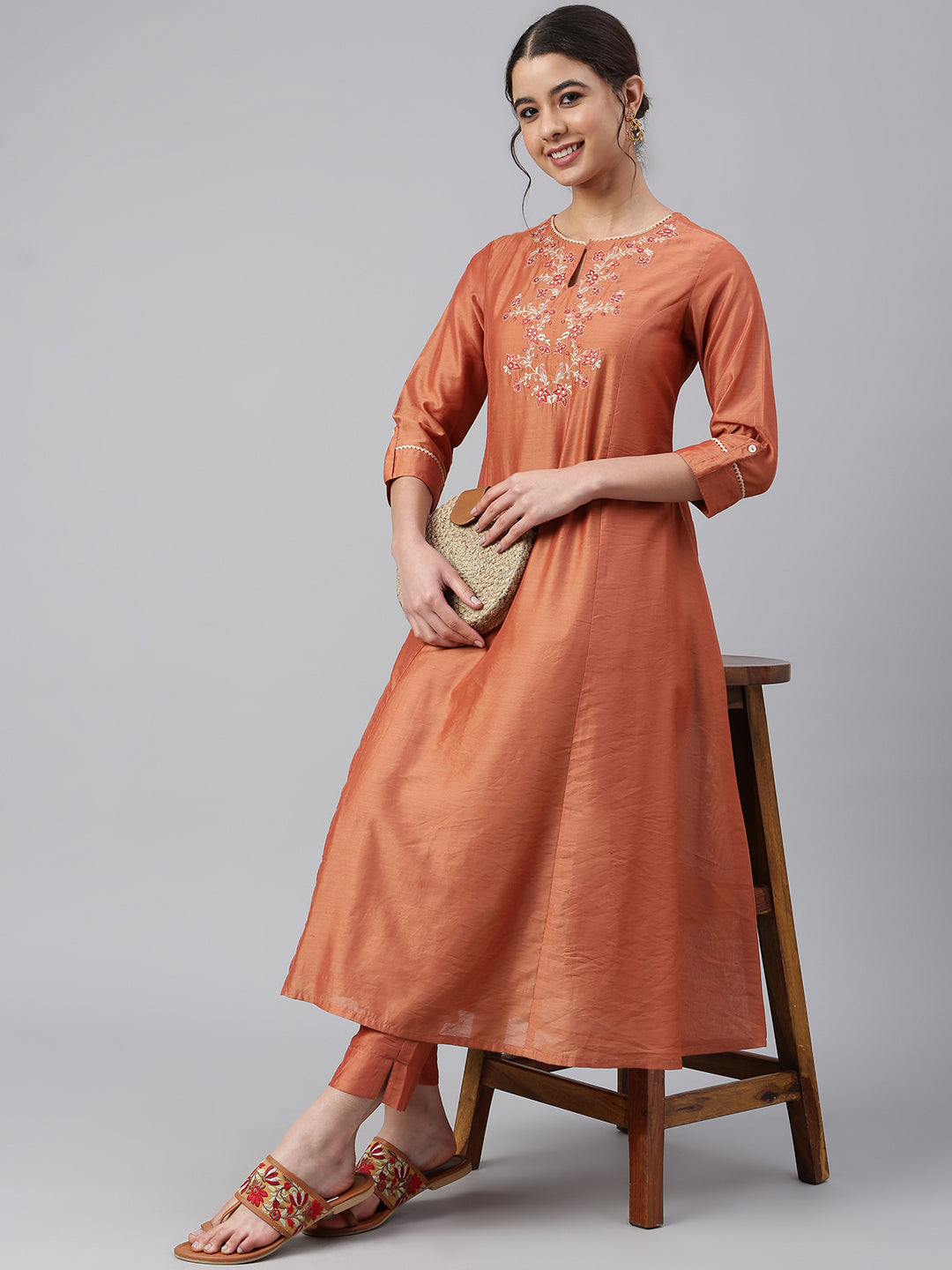Janasya Women's Rust Orange Poly Silk Embroidered Kurta With Pant | Swadesiicart