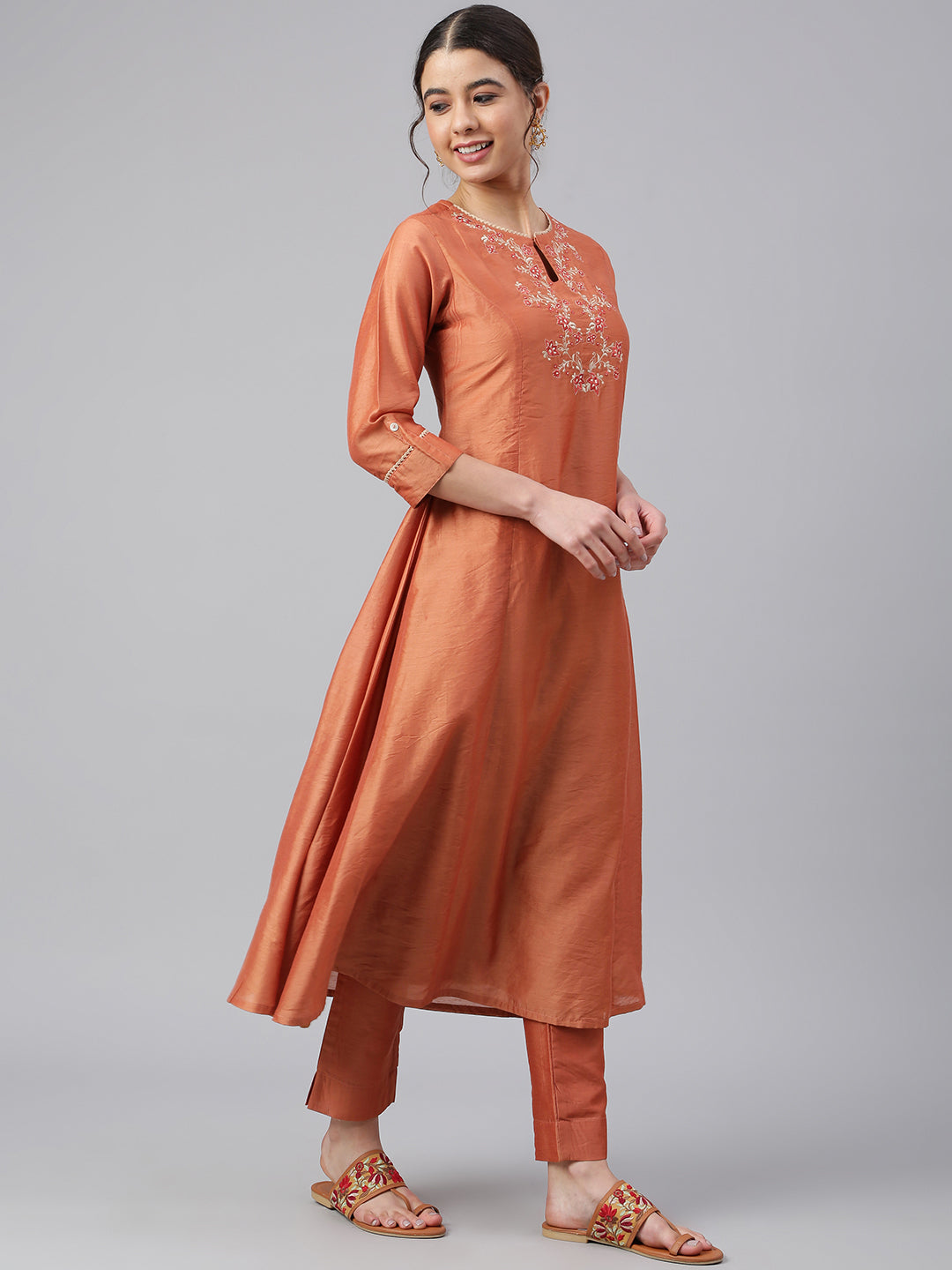 Janasya Women's Rust Orange Poly Silk Embroidered Kurta With Pant | Swadesiicart