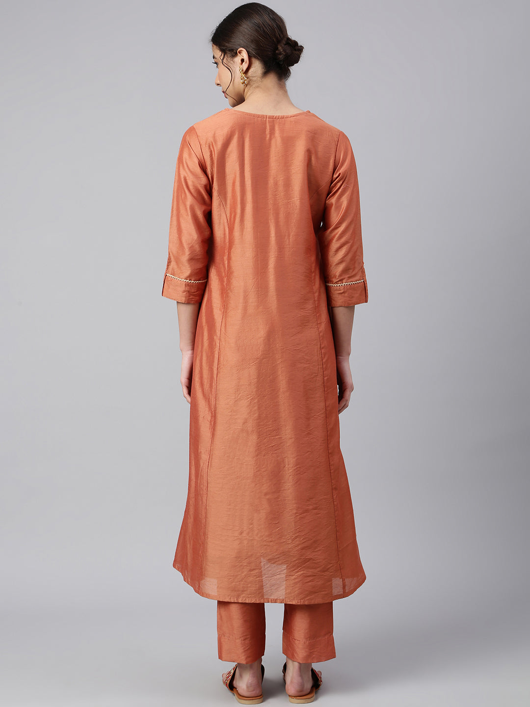 Janasya Women's Rust Orange Poly Silk Embroidered Kurta With Pant | Swadesiicart