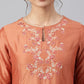 Janasya Women's Rust Orange Poly Silk Embroidered Kurta With Pant | Swadesiicart
