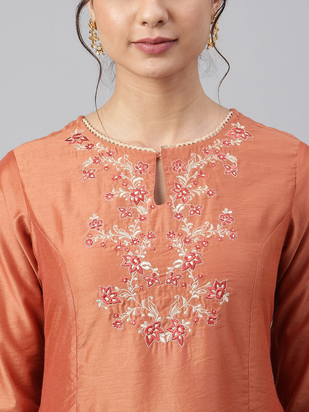 Janasya Women's Rust Orange Poly Silk Embroidered Kurta With Pant | Swadesiicart