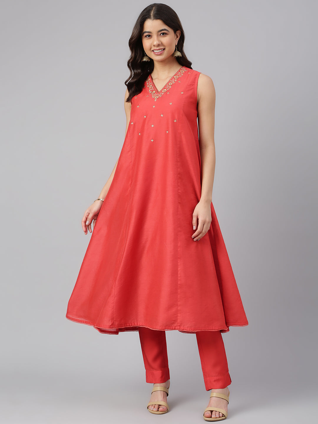 Janasya Women's Red Art Silk Solid Kurta With Pant | Swadesiicart