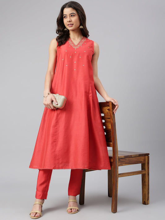 Janasya Women's Red Art Silk Solid Kurta With Pant | Swadesiicart