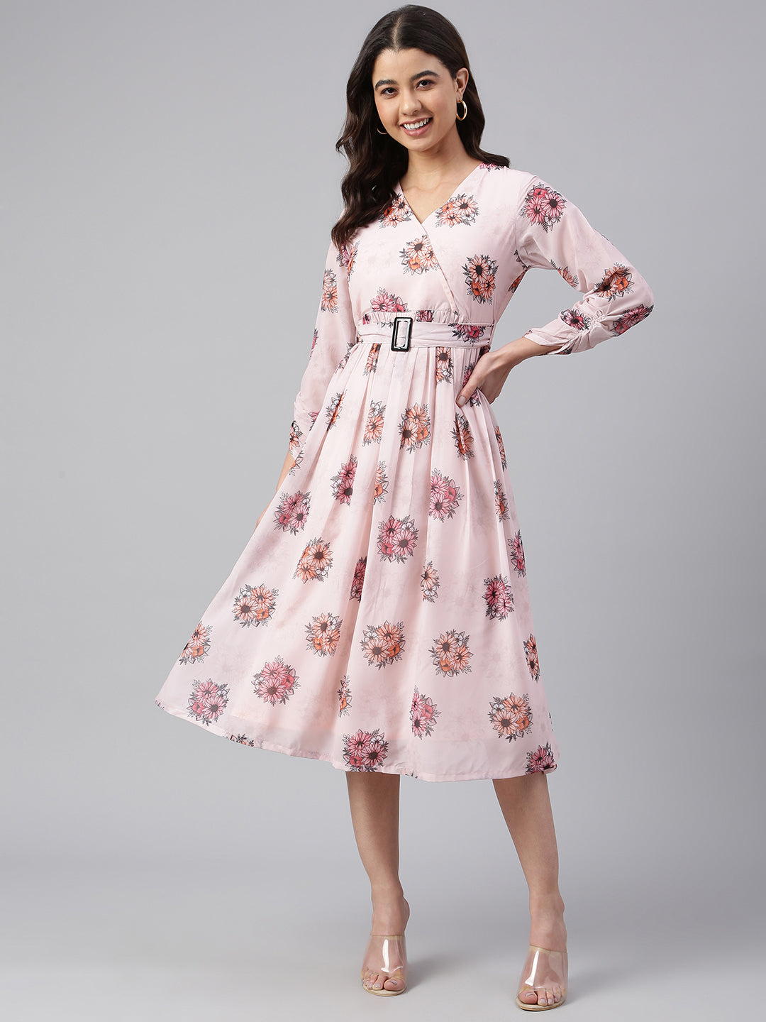 Janasya Women's Peach Georgette Floral Printed Flared Western Dress | Swadesiicart