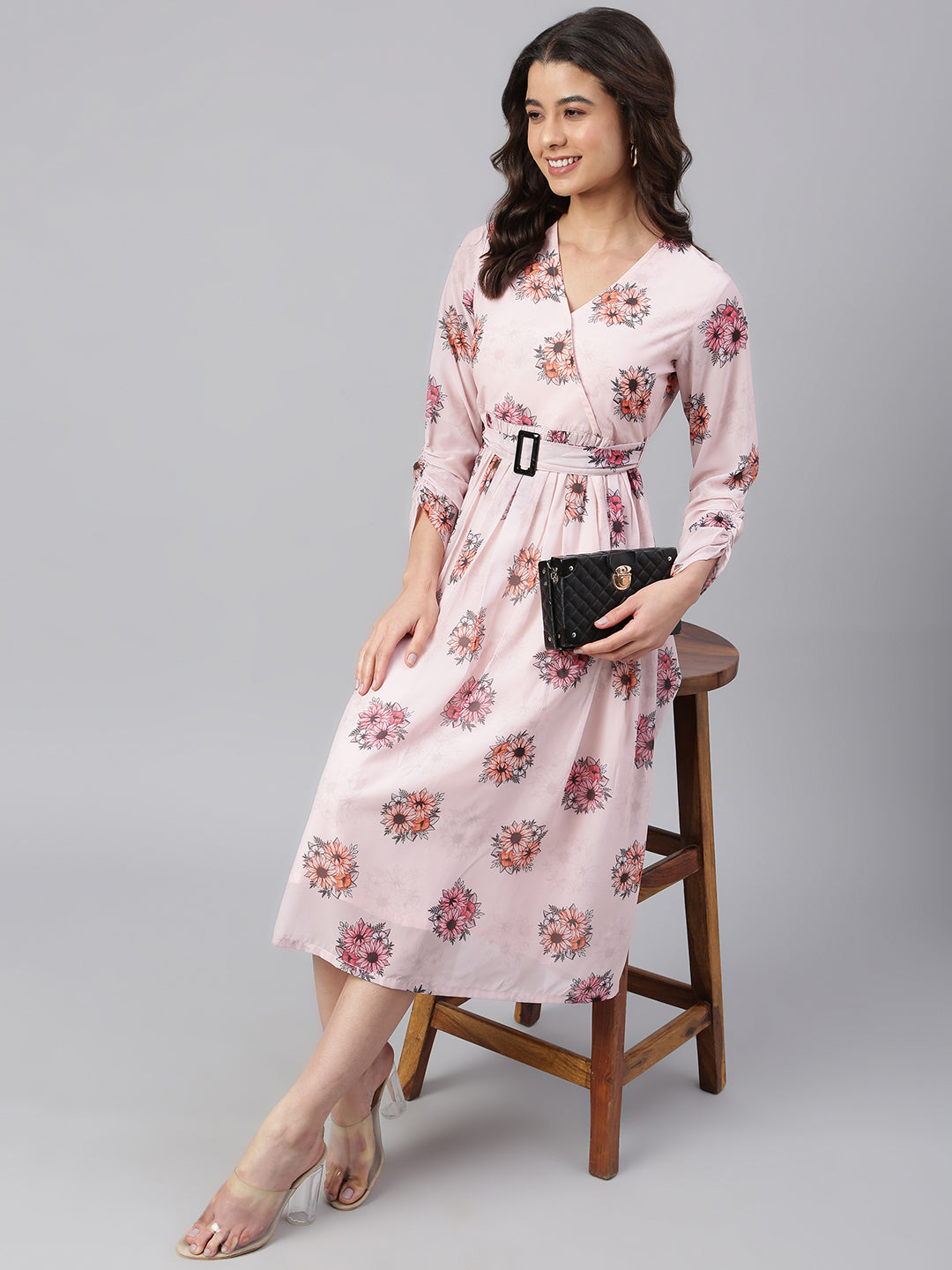 Janasya Women's Peach Georgette Floral Printed Flared Western Dress | Swadesiicart