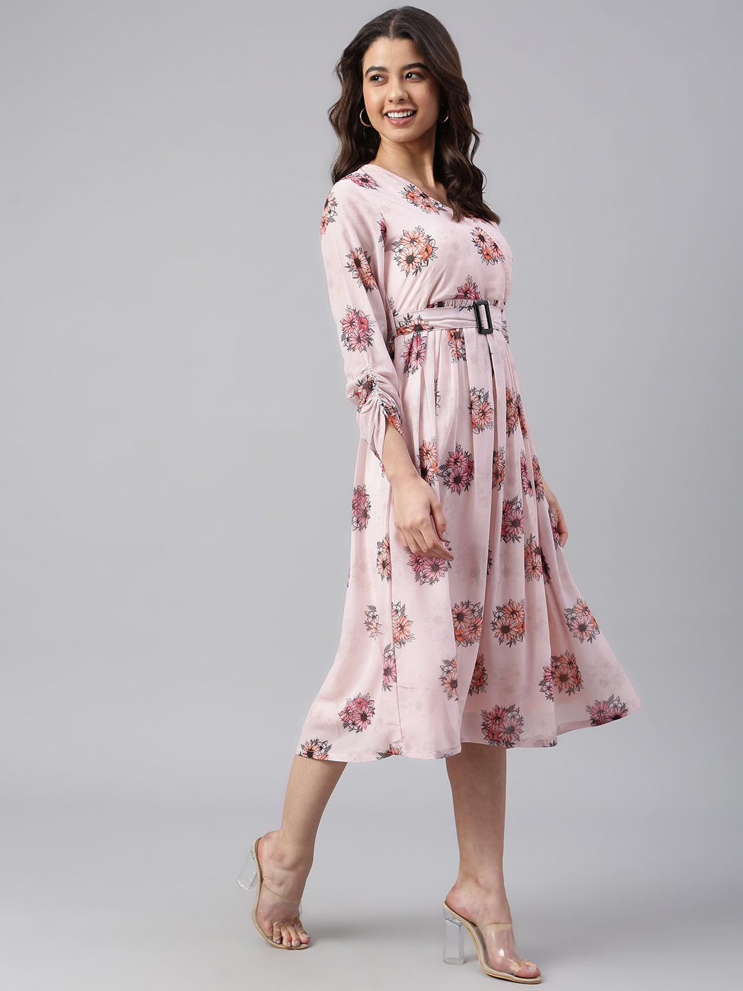 Janasya Women's Peach Georgette Floral Printed Flared Western Dress | Swadesiicart
