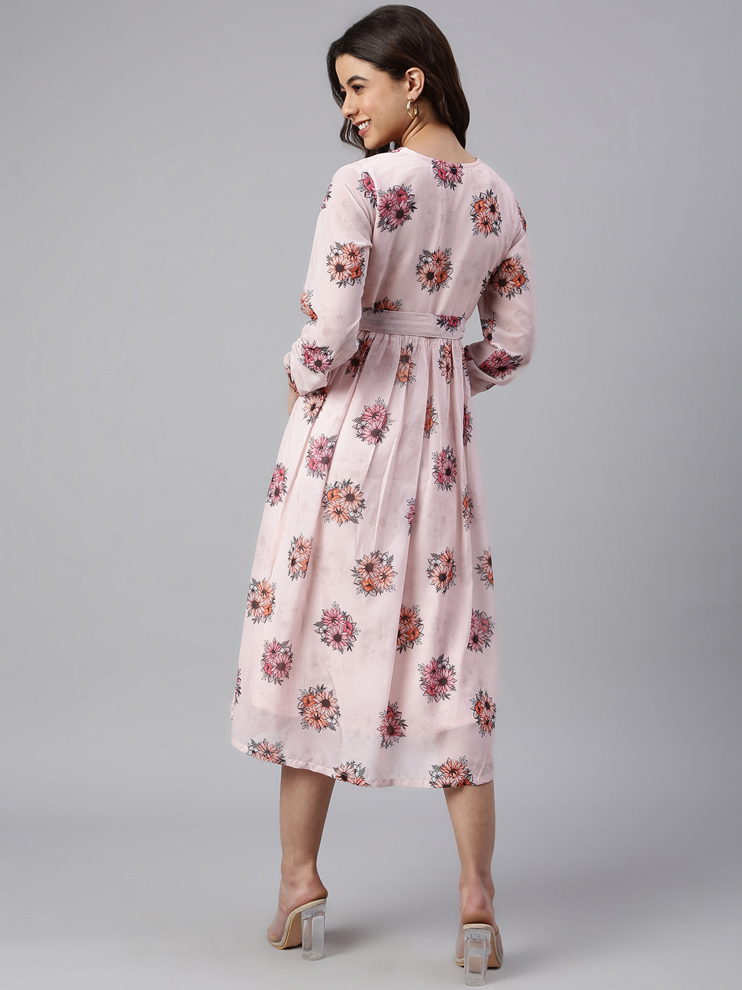 Janasya Women's Peach Georgette Floral Printed Flared Western Dress | Swadesiicart