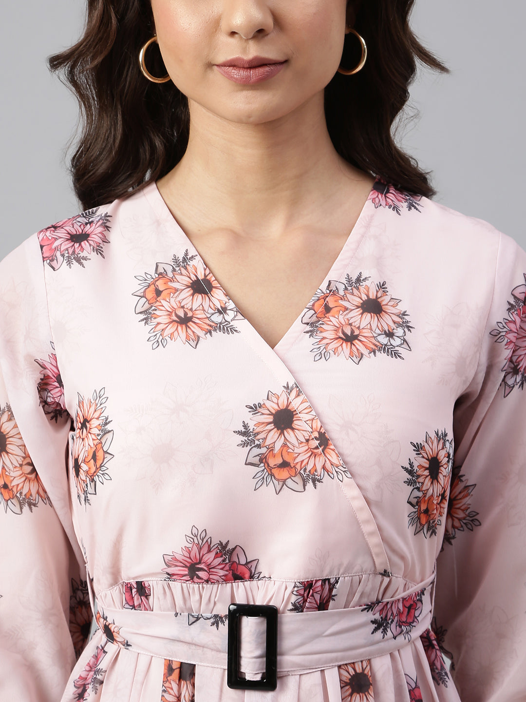 Janasya Women's Peach Georgette Floral Printed Flared Western Dress | Swadesiicart