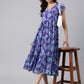 Janasya Women's Blue Georgette Printed Flared Western Dress | Swadesiicart