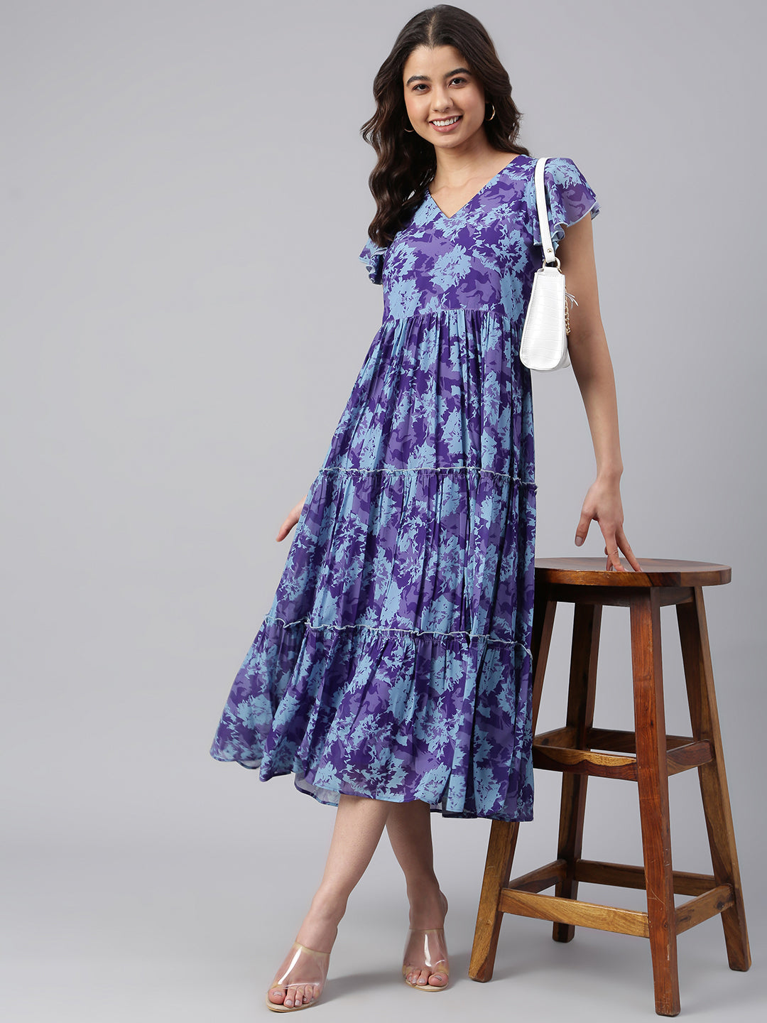 Janasya Women's Blue Georgette Printed Flared Western Dress | Swadesiicart