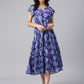 Janasya Women's Blue Georgette Printed Flared Western Dress | Swadesiicart