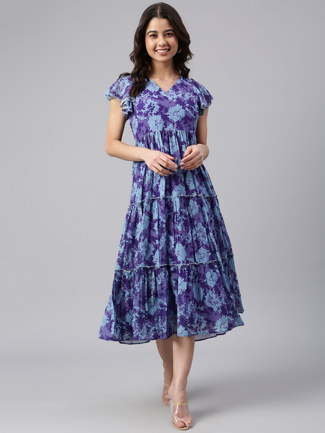Janasya Women's Blue Georgette Printed Flared Western Dress | Swadesiicart