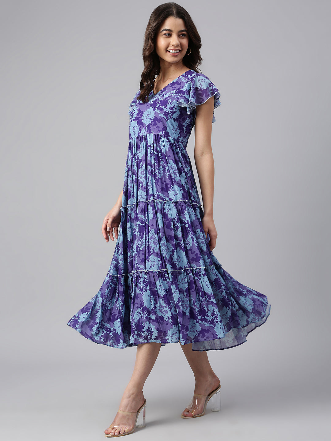 Janasya Women's Blue Georgette Printed Flared Western Dress | Swadesiicart