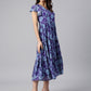 Janasya Women's Blue Georgette Printed Flared Western Dress | Swadesiicart