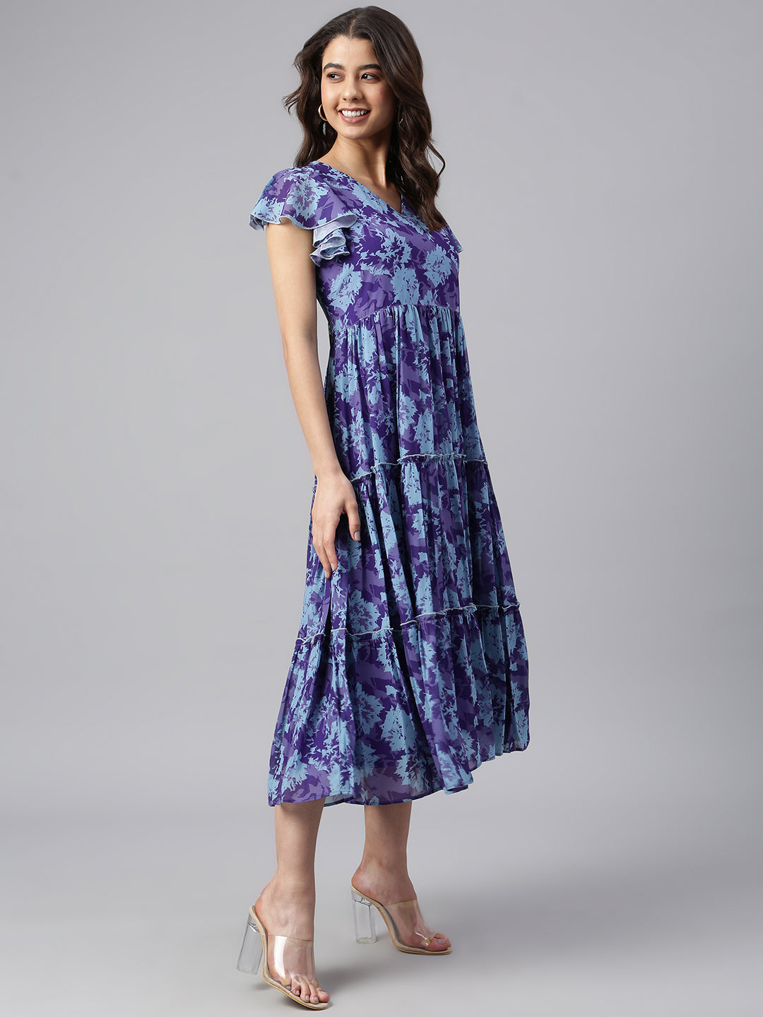 Janasya Women's Blue Georgette Printed Flared Western Dress | Swadesiicart