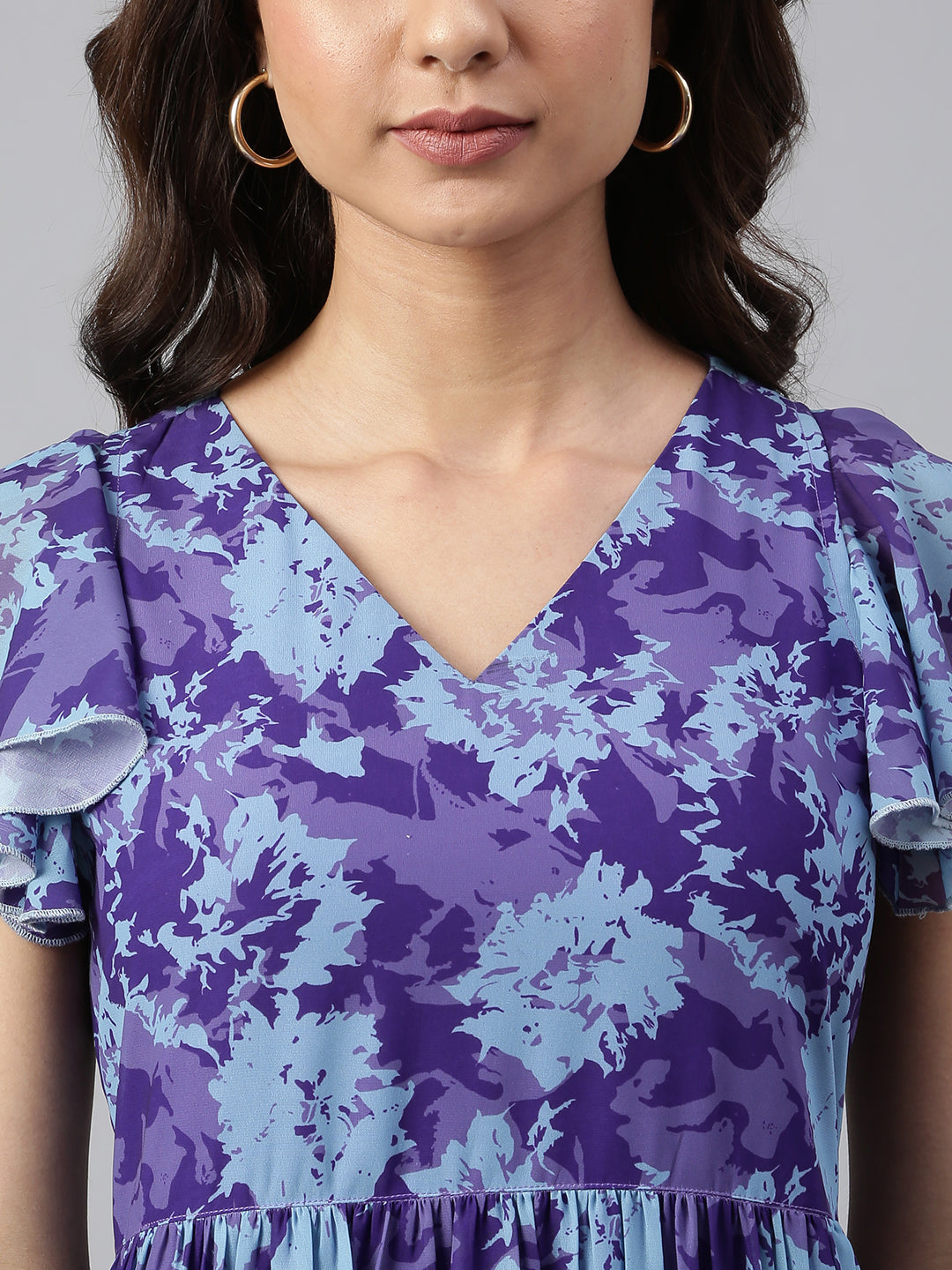 Janasya Women's Blue Georgette Printed Flared Western Dress | Swadesiicart