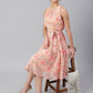 Janasya Women's Peach Georgette Floral Printed A-line Western Dress | Swadesiicart