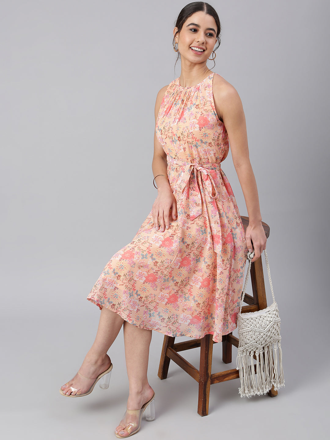 Janasya Women's Peach Georgette Floral Printed A-line Western Dress | Swadesiicart