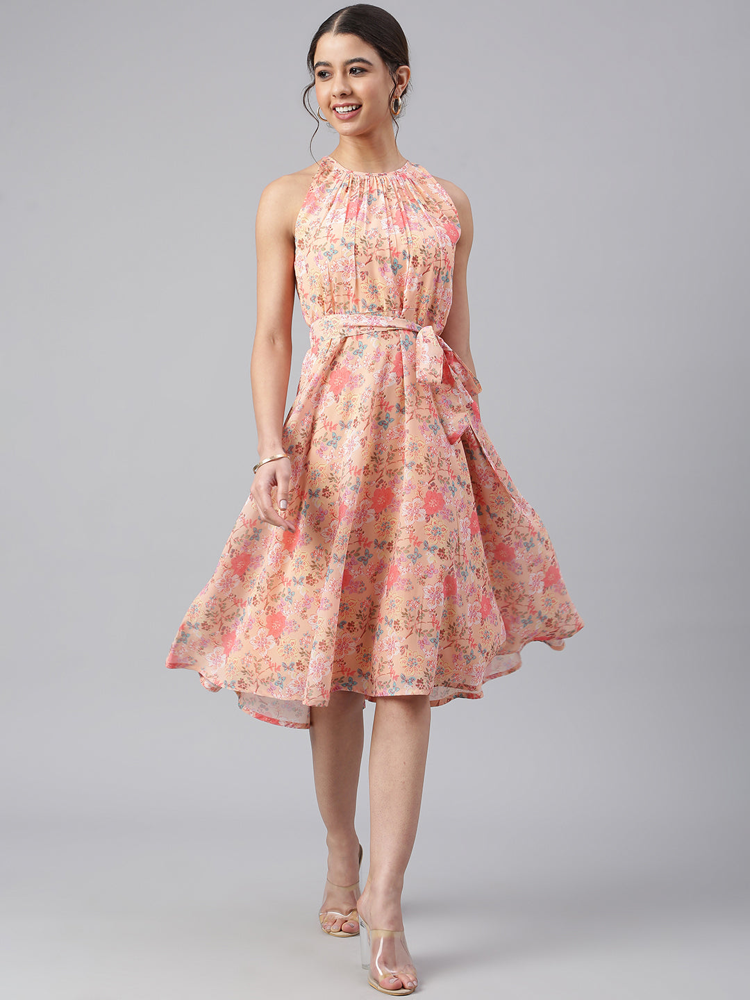 Janasya Women's Peach Georgette Floral Printed A-line Western Dress | Swadesiicart