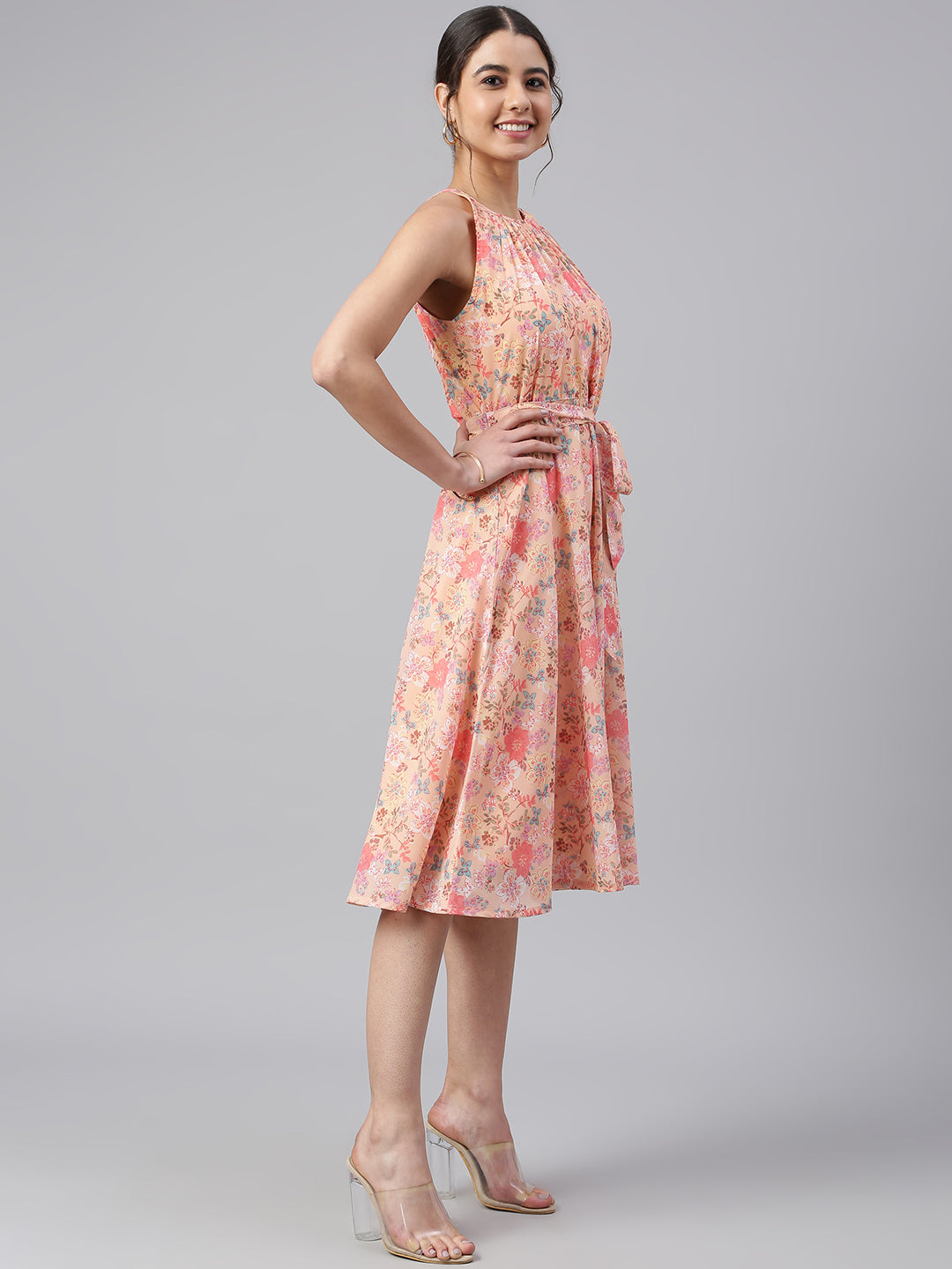 Janasya Women's Peach Georgette Floral Printed A-line Western Dress | Swadesiicart