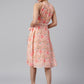 Janasya Women's Peach Georgette Floral Printed A-line Western Dress | Swadesiicart