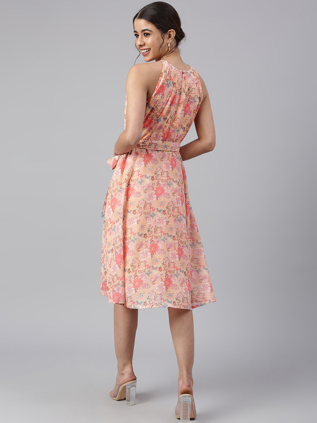 Janasya Women's Peach Georgette Floral Printed A-line Western Dress | Swadesiicart