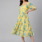 Janasya Women's Yellow Georgette Floral Printed Flared Western Dress - Thread Bucket Studio LLP