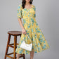 Janasya Women's Yellow Georgette Floral Printed Flared Western Dress - Swadesiicart