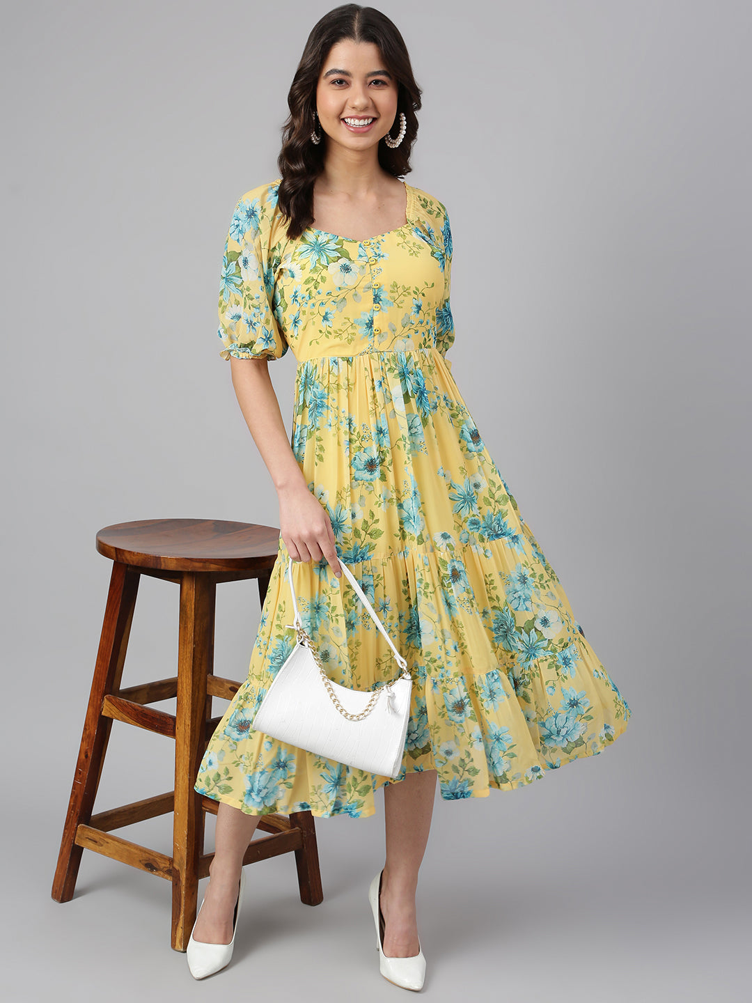 Janasya Women's Yellow Georgette Floral Printed Flared Western Dress - Swadesiicart