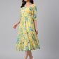 Janasya Women's Yellow Georgette Floral Printed Flared Western Dress - Swadesiicart