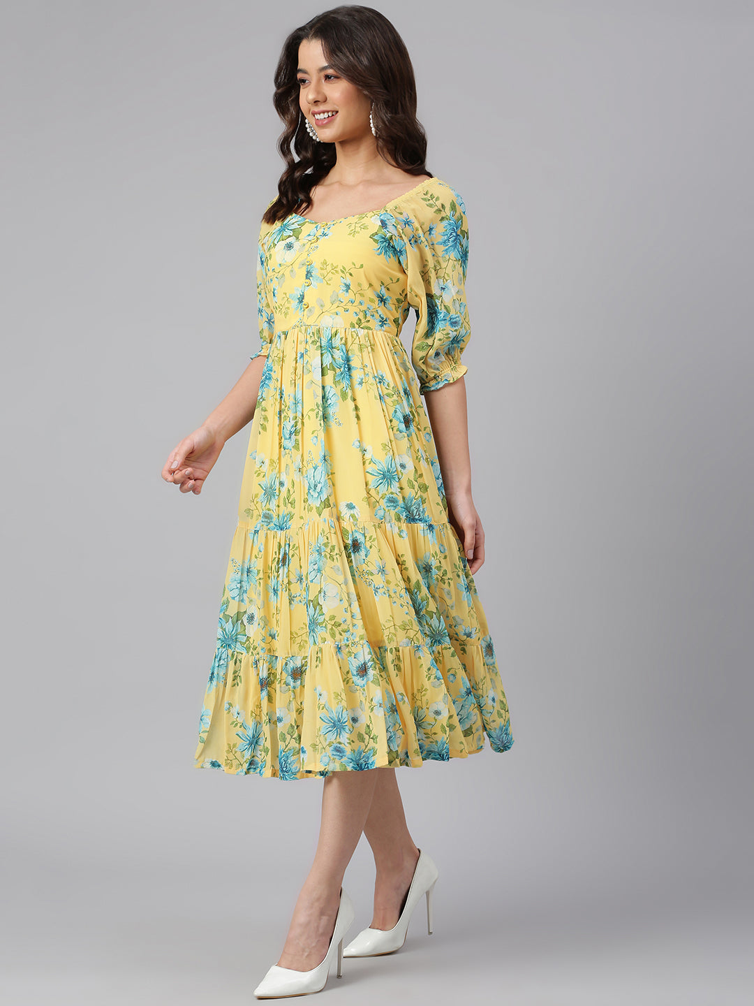 Janasya Women's Yellow Georgette Floral Printed Flared Western Dress - Swadesiicart